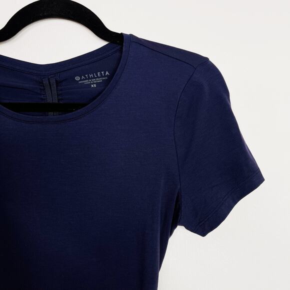 Athleta Encore Tee Ruched Open Back Navy Blue Short Sleeve XSmall XS Crew Neck - Picture 3 of 10